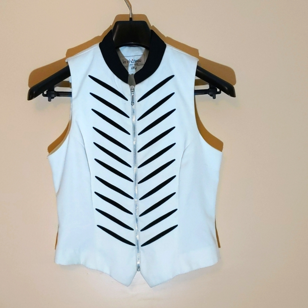 Le Chateau| Vintage White Zippered Vest with Black Stripe lines - Picture 1 of 11